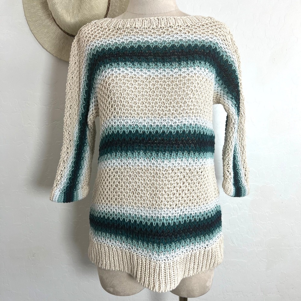 J Jill soft linen cotton mesh knit top XS beige turquoise layering work office
